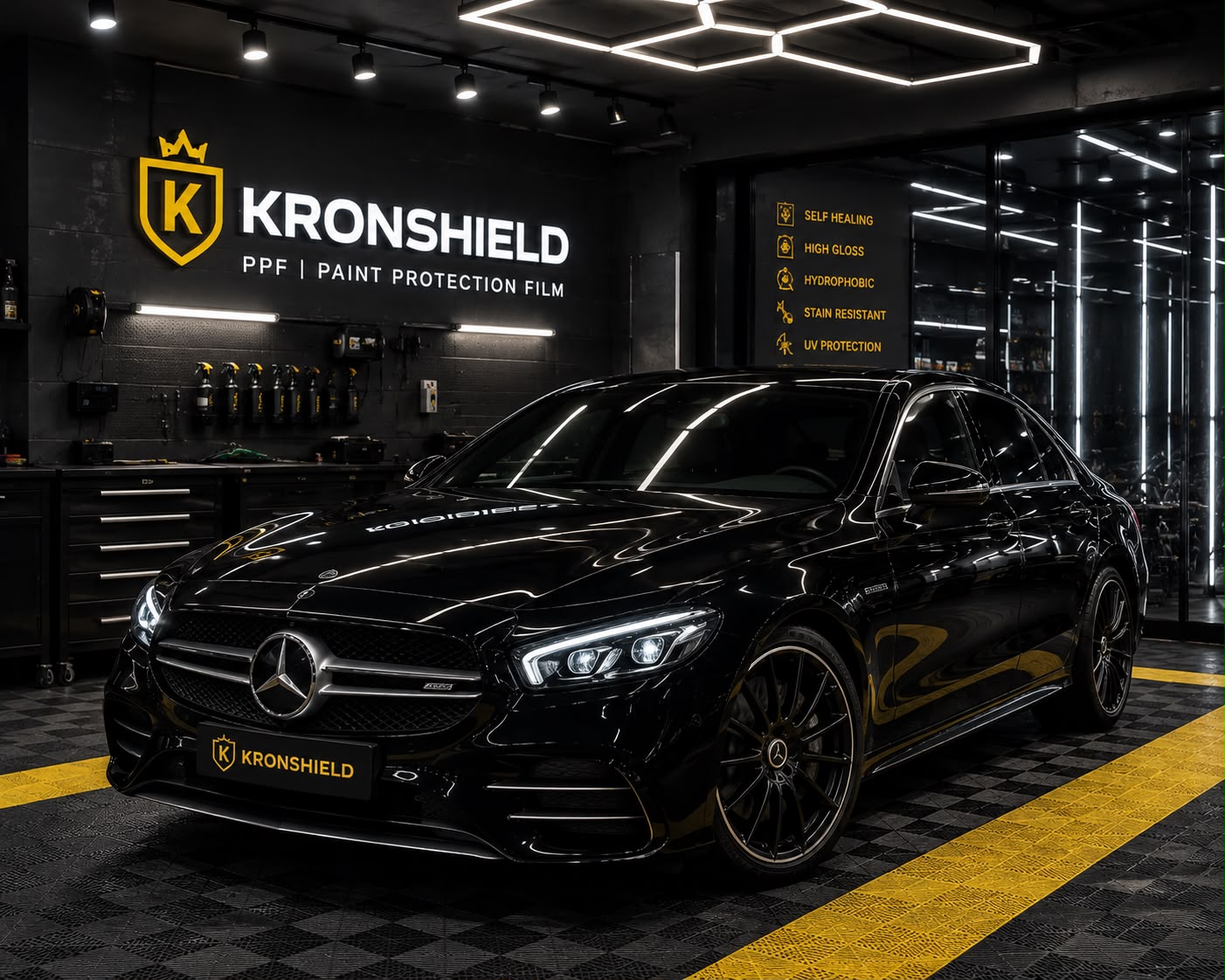 Kronshield uygulama merkezinde koruma işlemi tamamlanan siyah Mercedes